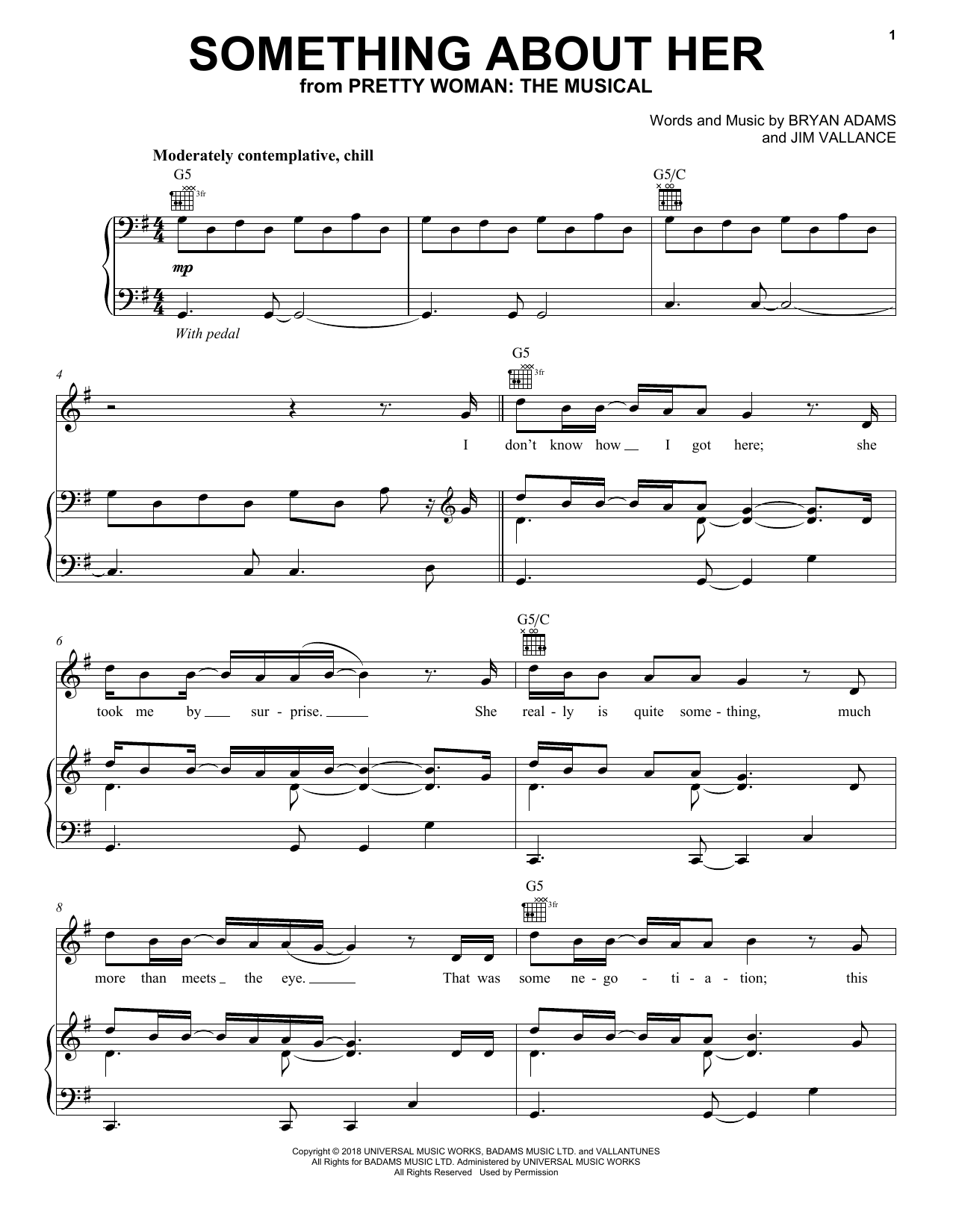 Bryan Adams & Jim Vallance Something About Her (from Pretty Woman: The Musical) sheet music, chords, lyrics - Printable PDF for Piano, Vocal & Guitar (Right-Hand Melody)
