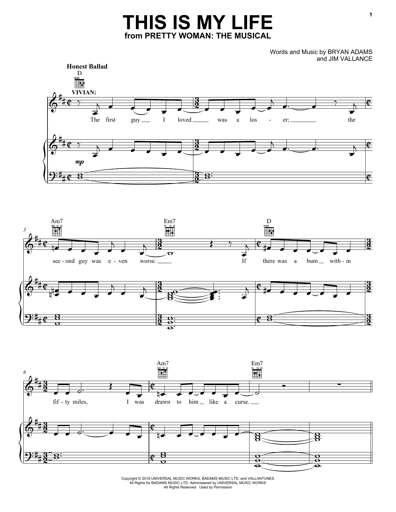 Bryan Adams & Jim Vallance This Is My Life (from Pretty Woman: The Musical) sheet music, chords, lyrics - Printable PDF for Piano, Vocal & Guitar (Right-Hand Melody)