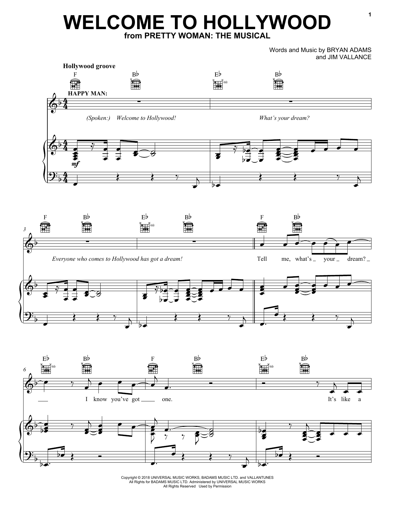 Bryan Adams & Jim Vallance Welcome To Hollywood (from Pretty Woman: The Musical) sheet music, chords, lyrics - Printable PDF for Piano, Vocal & Guitar (Right-Hand Melody)