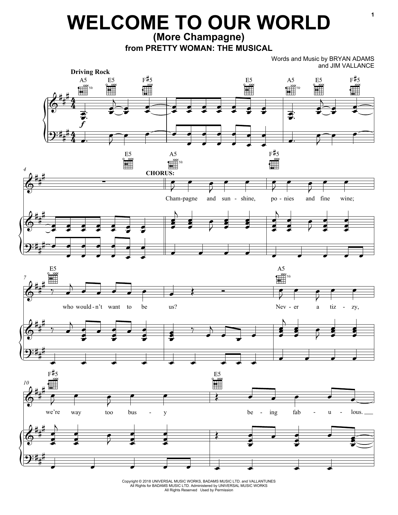 Bryan Adams & Jim Vallance Welcome To Our World (More Champagne) (from Pretty Woman: The Musical) sheet music, chords, lyrics - Printable PDF for Piano, Vocal & Guitar (Right-Hand Melody)