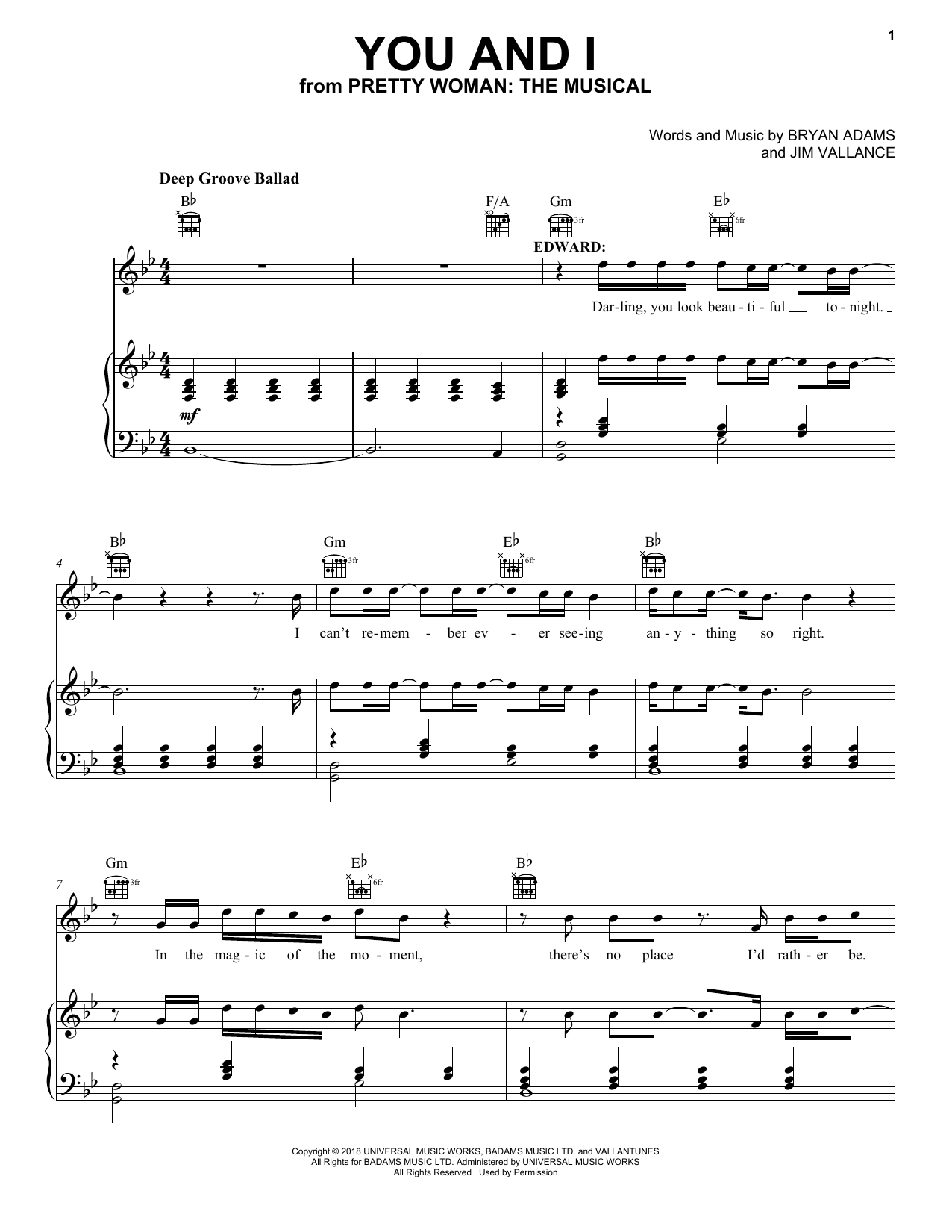 Bryan Adams & Jim Vallance You And I (from Pretty Woman: The Musical) sheet music, chords, lyrics - Printable PDF for Piano, Vocal & Guitar (Right-Hand Melody)