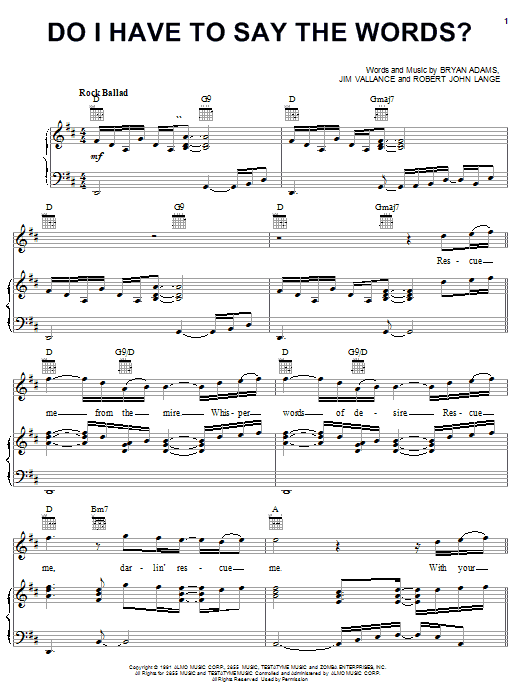 Bryan Adams Do I Have To Say The Words? sheet music, chords, lyrics - Printable PDF for Easy Piano