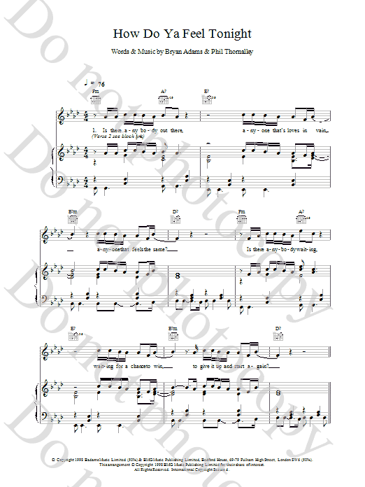 Download Bryan Adams How Do Ya Feel Tonight sheet music notes and chords for Piano, Vocal & Guitar (Right-Hand Melody) - Download Printable PDF and start playing in minutes.