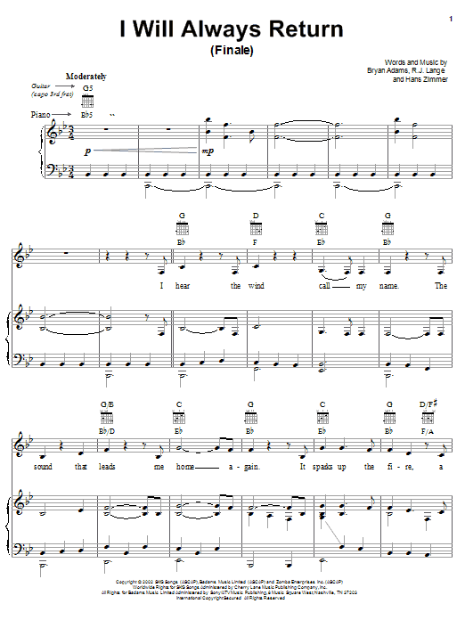 Bryan Adams I Will Always Return (Finale) sheet music, chords, lyrics - Printable PDF for Piano, Vocal & Guitar (Right-Hand Melody)