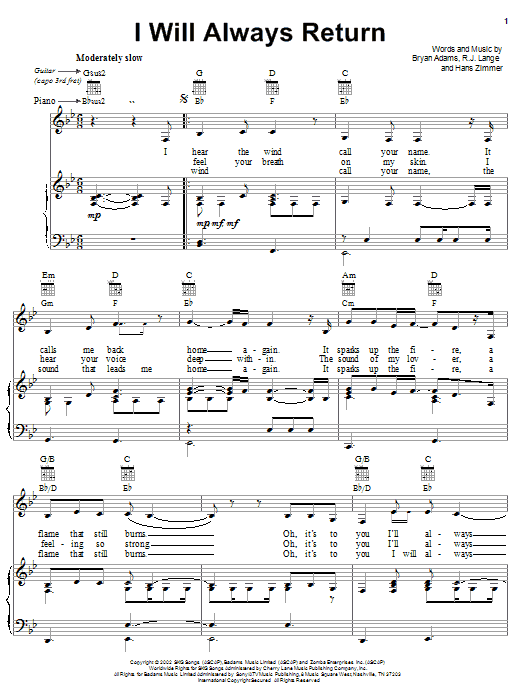 Bryan Adams I Will Always Return sheet music, chords, lyrics - Printable PDF for Piano, Vocal & Guitar (Right-Hand Melody)