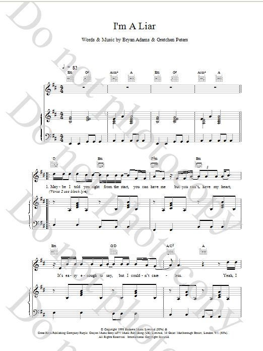 Download Bryan Adams I'm A Liar sheet music notes and chords for Piano, Vocal & Guitar - Download Printable PDF and start playing in minutes.