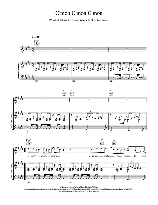 Learn to play Bryan Adams C'mon C'mon C'mon sheet music for Piano, Vocal & Guitar in minutes. Bryan Adams C'mon C'mon C'mon sheet music notes and chords