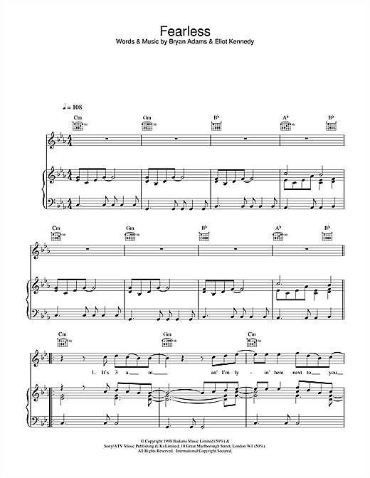 Learn to play Bryan Adams Fearless sheet music for Piano, Vocal & Guitar (Right-Hand Melody) in minutes. Bryan Adams Fearless sheet music notes and chords