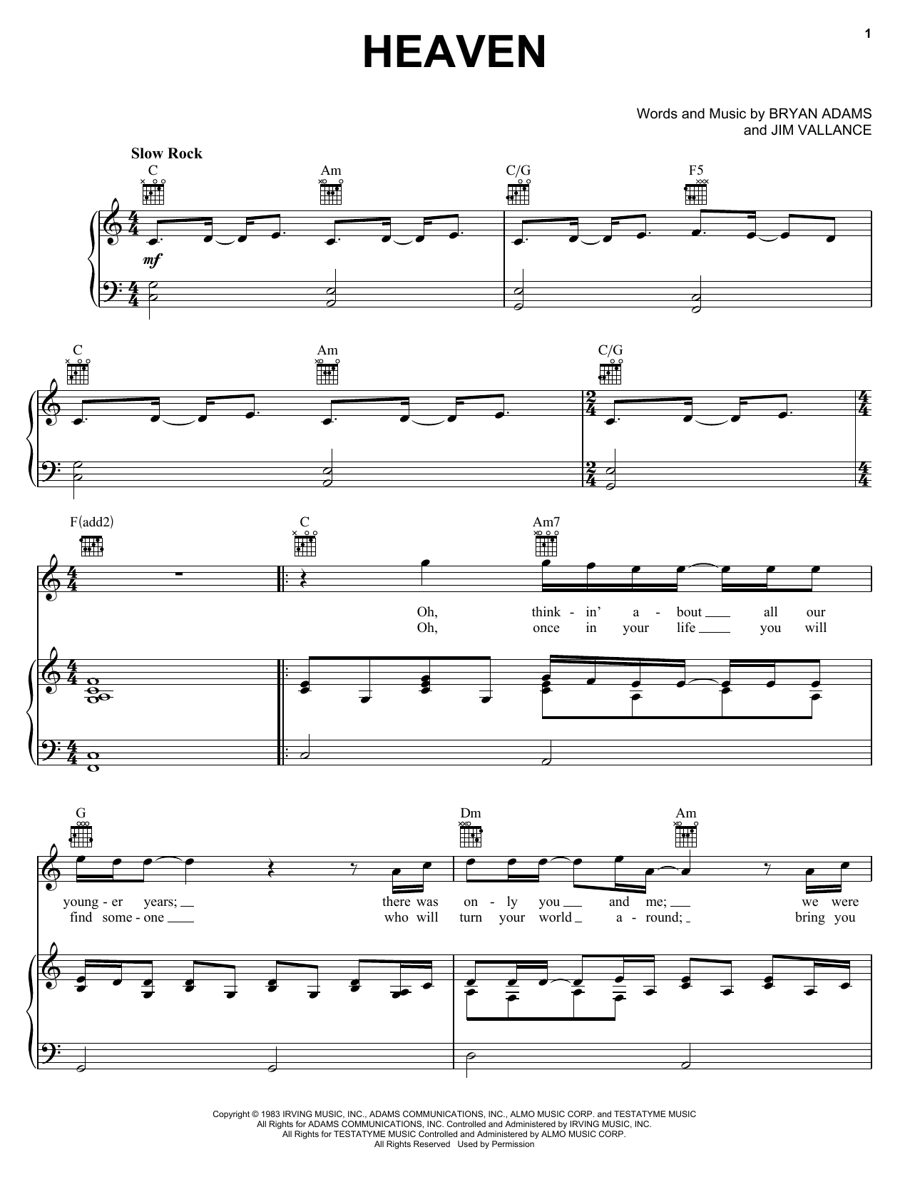 Bryan Adams Heaven sheet music preview music notes and score for Guitar including 4 page(s)