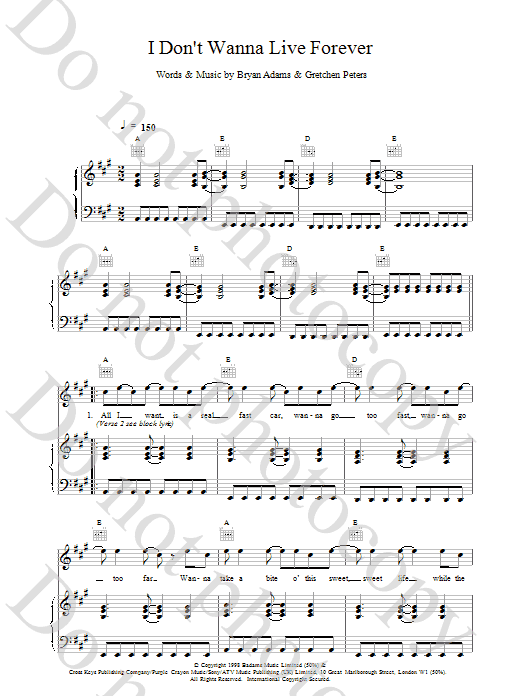 Bryan Adams I Don T Wanna Live Forever Sheet Music Download Printable Pdf Music Notes Score Chords