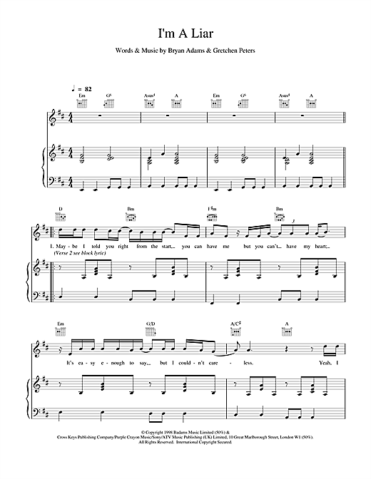 Learn to play Bryan Adams I'm A Liar sheet music for Piano, Vocal & Guitar in minutes. Bryan Adams I'm A Liar sheet music notes and chords