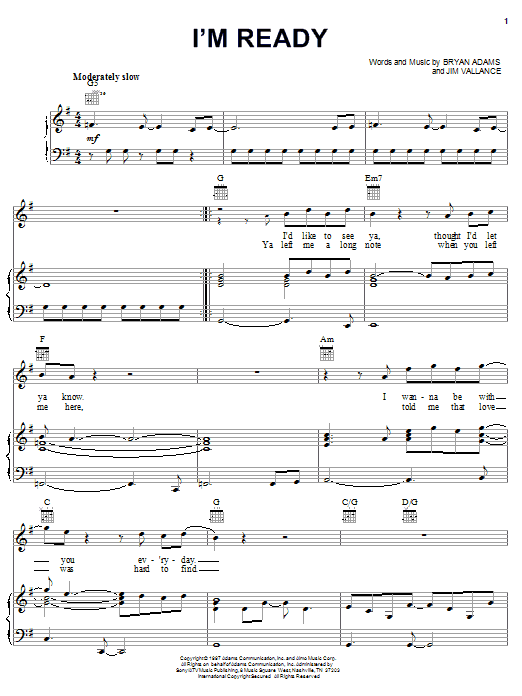 Learn to play Bryan Adams I'm Ready sheet music for Piano, Vocal & Guitar (Right-Hand Melody) in minutes. Bryan Adams I'm Ready sheet music notes and chords