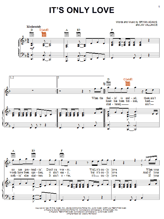 Learn to play Bryan Adams It's Only Love sheet music for Lyrics & Chords in minutes. Bryan Adams It's Only Love sheet music preview music notes and score for Lyrics & Chords including 3 page(s)