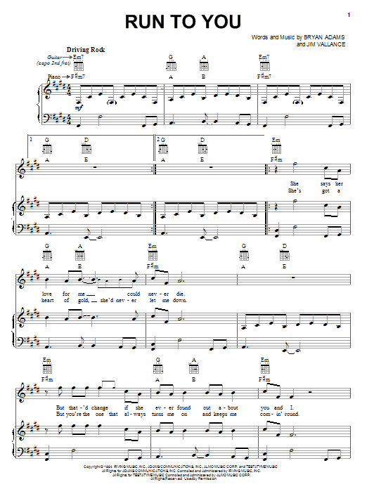 Learn to play Bryan Adams Run To You sheet music for Easy Piano in minutes. Bryan Adams Run To You sheet music notes and chords