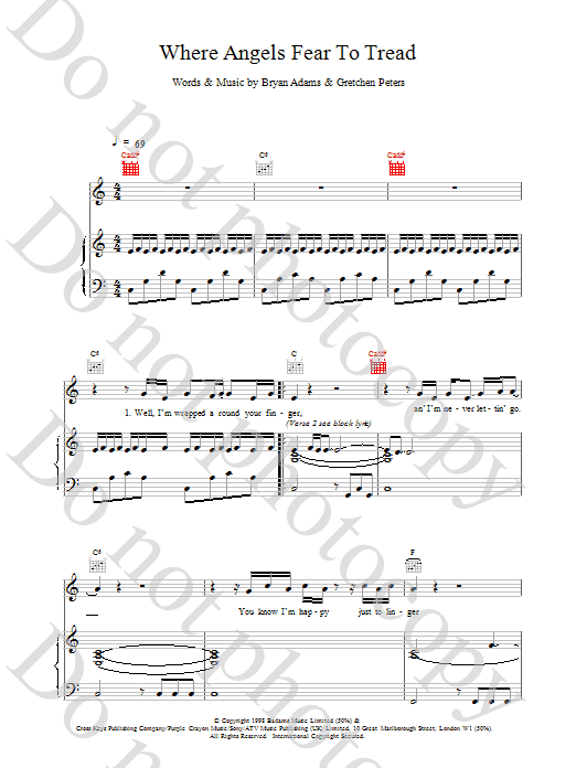Bryan Adams Where Angels Fear To Tread sheet music preview music notes and score for Piano, Vocal & Guitar including 7 page(s)