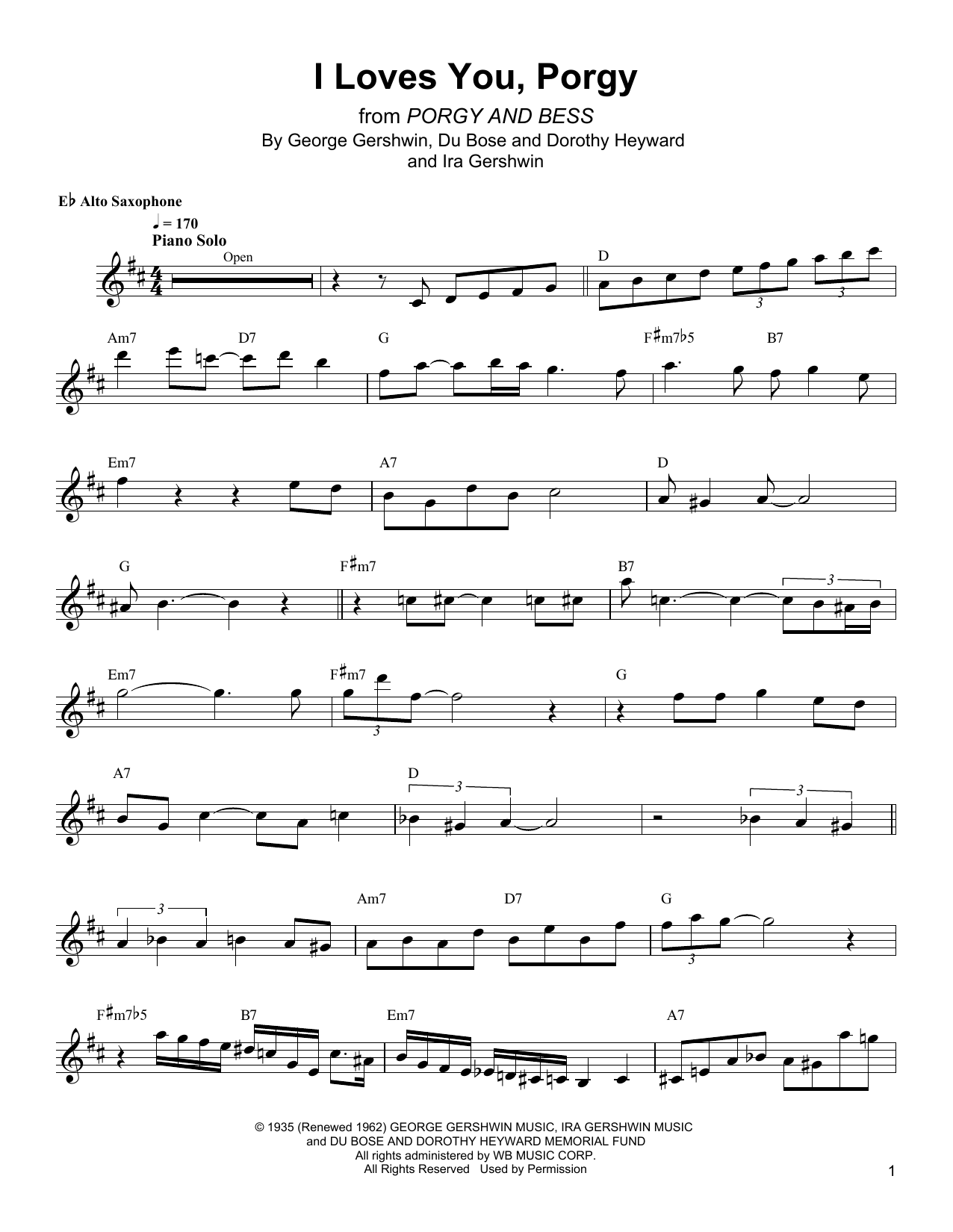 Bud Shank I Loves You, Porgy sheet music, chords, lyrics - Printable PDF for Alto Sax Transcription