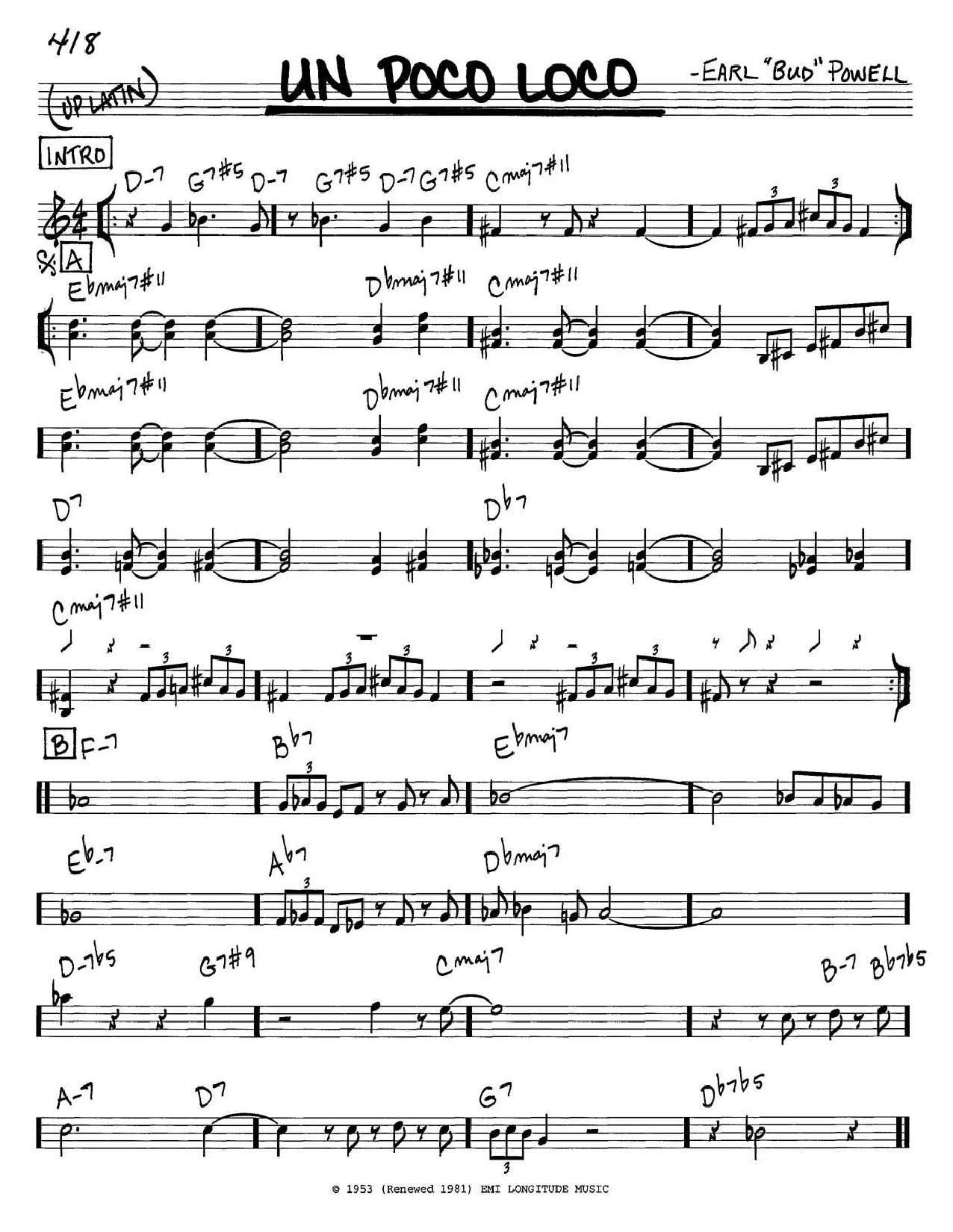 Bud Powell 'Un Poco Loco' Digital Sheet Music. 