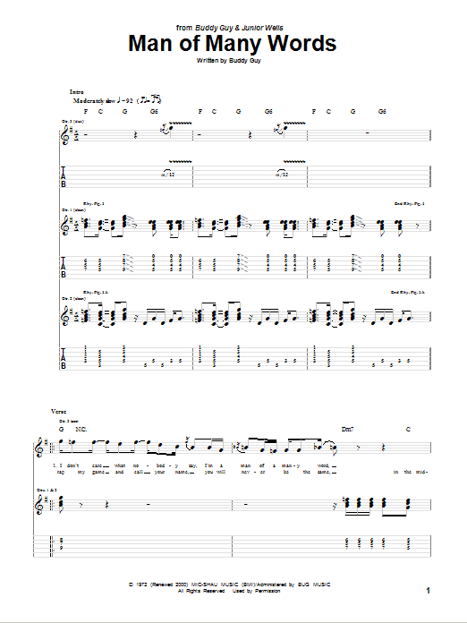Download Buddy Guy Man Of Many Words sheet music notes and chords for Guitar Tab - Download Printable PDF and start playing in minutes.