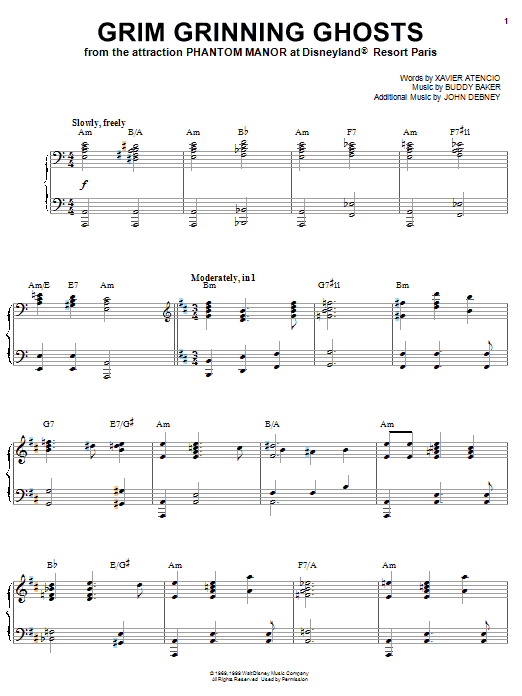 Learn to play Buddy Baker Grim Grinning Ghosts (from Phantom Manor, Disneyland Resort Paris) sheet music for Piano in minutes. Buddy Baker Grim Grinning Ghosts (from Phantom Manor, Disneyland Resort Paris) sheet music notes and chords