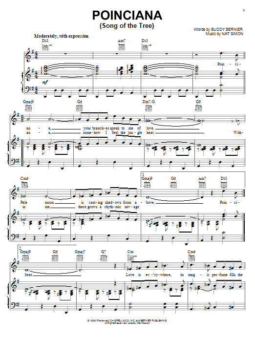 Learn to play Buddy Bernier Poinciana (Song Of The Tree) sheet music for Guitar Tab in minutes. Buddy Bernier Poinciana (Song Of The Tree) sheet music preview music notes and score for Guitar Tab including 3 page(s)