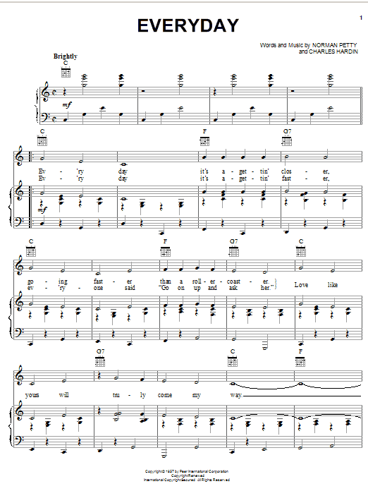 Learn to play Buddy Holly Everyday sheet music for Piano, Vocal & Guitar (Right-Hand Melody) in minutes. Buddy Holly Everyday sheet music notes and chords