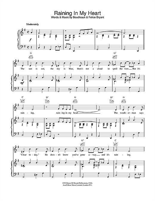 Learn to play Roy Orbison Raining In My Heart sheet music for Piano, Vocal & Guitar (Right-Hand Melody) in minutes. Roy Orbison Raining In My Heart sheet music notes and chords