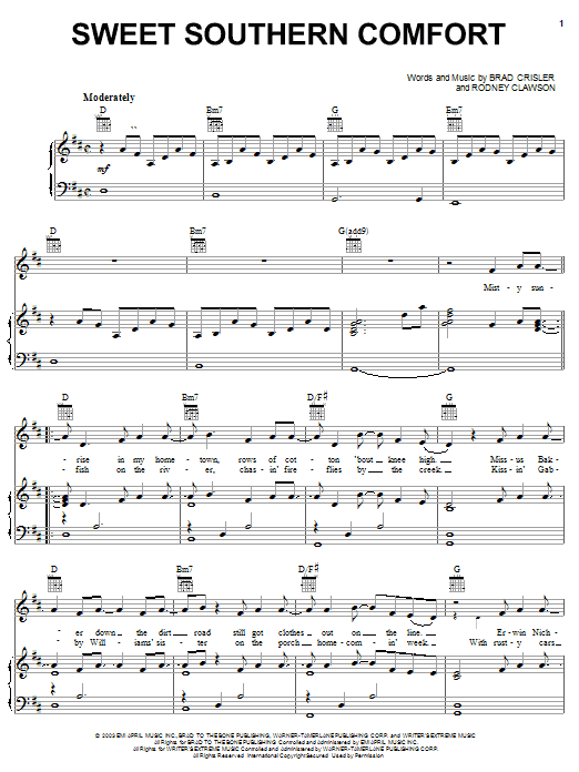 Learn to play Buddy Jewell Sweet Southern Comfort sheet music for Piano, Vocal & Guitar (Right-Hand Melody) in minutes. Buddy Jewell Sweet Southern Comfort sheet music preview music notes and score for Piano, Vocal & Guitar (Right-Hand Melody) including 5 page(s)