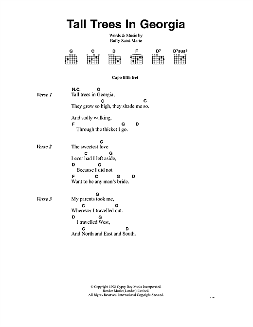 Buffy Saint-Marie Tall Trees In Georgia sheet music, chords, lyrics - Printable PDF for Lyrics & Chords