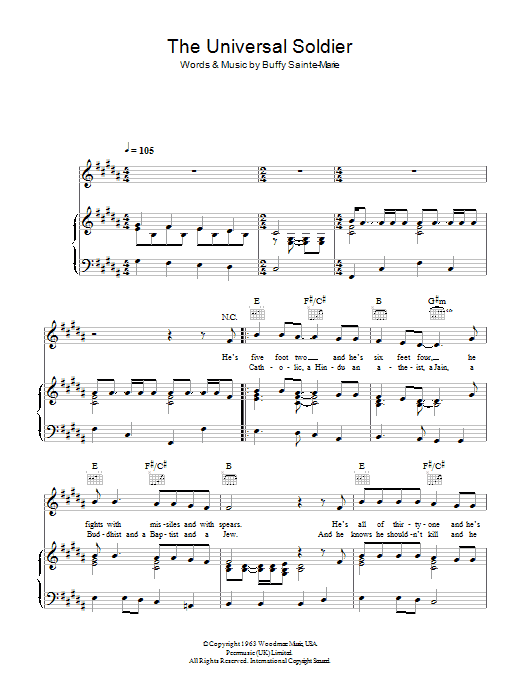 Learn to play Buffy Sainte-Marie The Universal Soldier sheet music for Lyrics & Chords in minutes. Buffy Sainte-Marie The Universal Soldier sheet music preview music notes and score for Lyrics & Chords including 2 page(s)