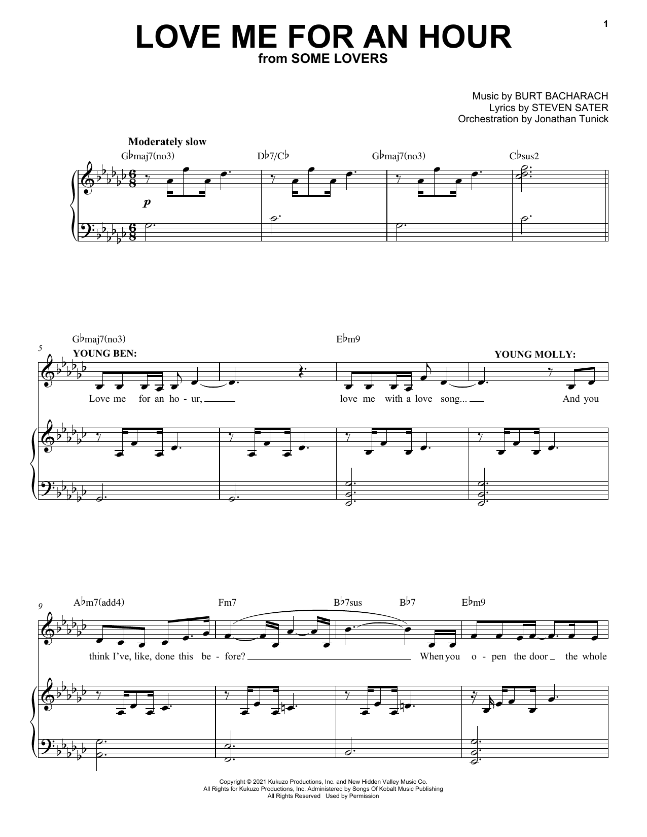 Burt Bacharach & Steven Sater Love Me For An Hour (from Some Lovers) sheet music, chords, lyrics - Printable PDF for Piano & Vocal