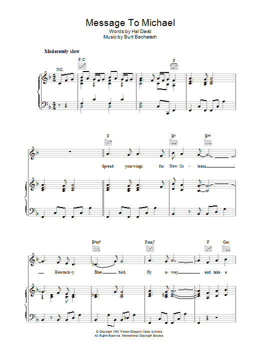 Learn to play Burt Bacharach A Message to Martha (A Message To Michael/Kentucky Bluebird) sheet music for Piano, Vocal & Guitar (Right-Hand Melody) in minutes. Burt Bacharach A Message to Martha (A Message To Michael/Kentucky Bluebird) sheet music preview music notes and score for Piano, Vocal & Guitar (Right-Hand Melody) including 7 page(s)