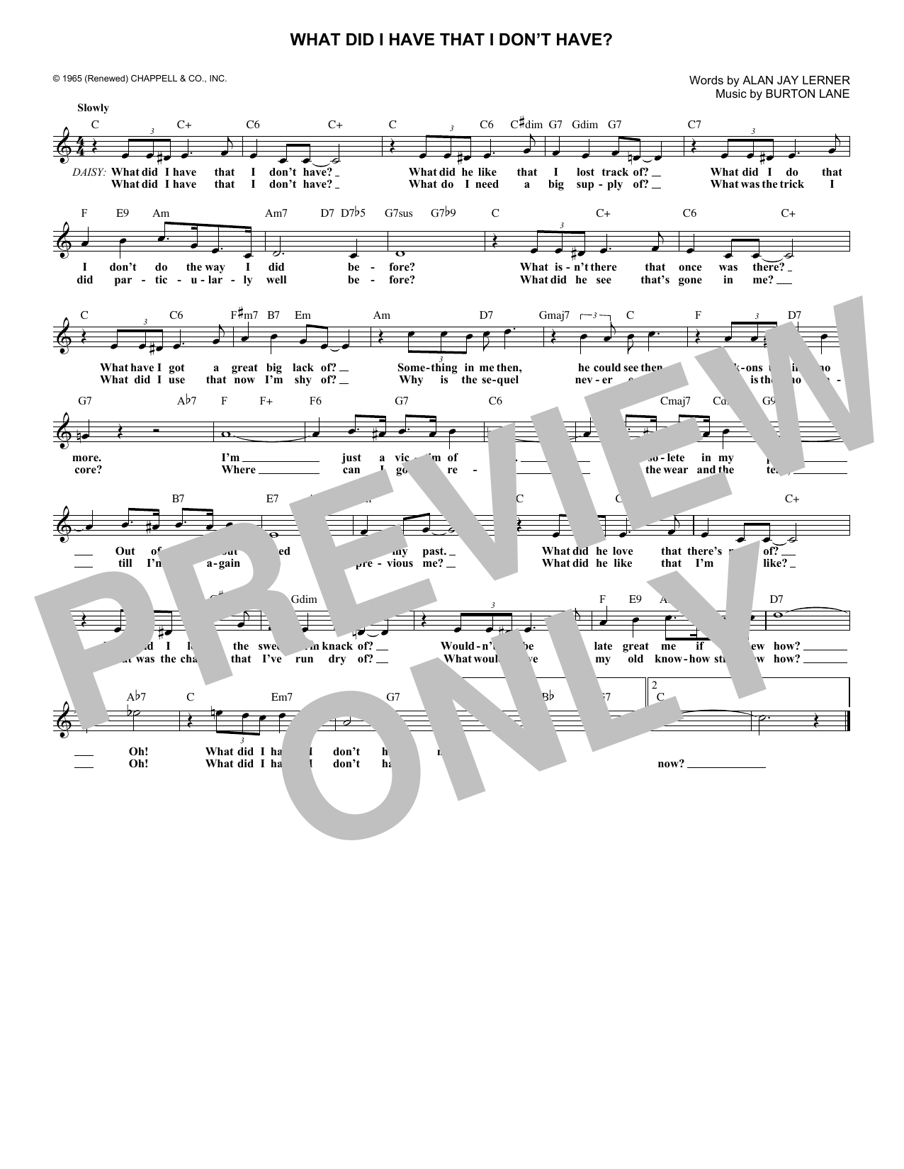 Burton Lane What Did I Have That I Don't Have? (from On A Clear Day You Can See Forever) sheet music, chords, lyrics - Printable PDF for Lead Sheet / Fake Book