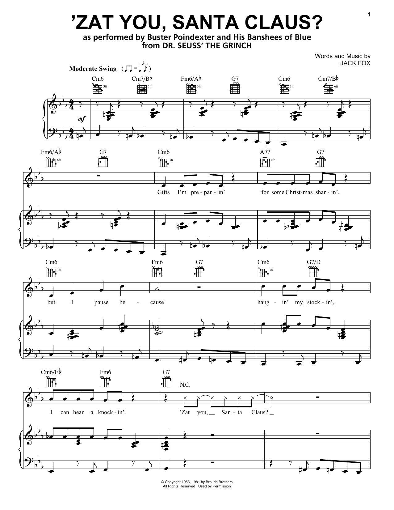 Buster Poindexter and His Banshees of Blue 'Zat You, Santa Claus? (from The Grinch) sheet music, chords, lyrics - Printable PDF for Piano, Vocal & Guitar (Right-Hand Melody)