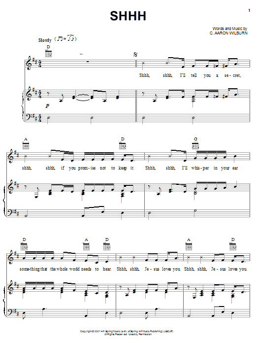 Learn to play C. Aaron Wilburn Shhh sheet music for Piano, Vocal & Guitar (Right-Hand Melody) in minutes. C. Aaron Wilburn Shhh sheet music preview music notes and score for Piano, Vocal & Guitar (Right-Hand Melody) including 2 page(s)
