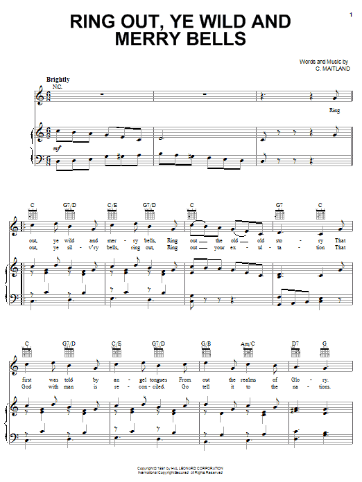 Learn to play C. Maitland Ring Out, Ye Wild And Merry Bells sheet music for Piano, Vocal & Guitar (Right-Hand Melody) in minutes. C. Maitland Ring Out, Ye Wild And Merry Bells sheet music notes and chords