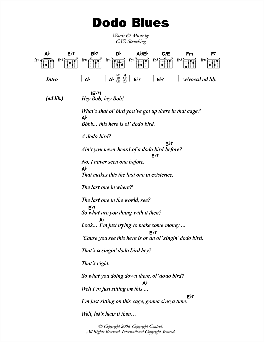 C.W. Stoneking Dodo Blues sheet music, chords, lyrics - Printable PDF for Lyrics & Chords