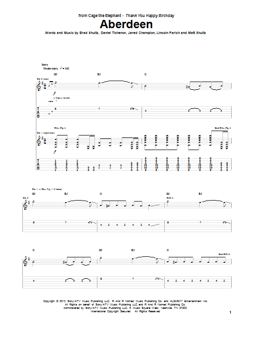 Learn to play Cage The Elephant Aberdeen sheet music for Guitar Tab in minutes. Cage The Elephant Aberdeen sheet music preview music notes and score for Guitar Tab including 9 page(s)