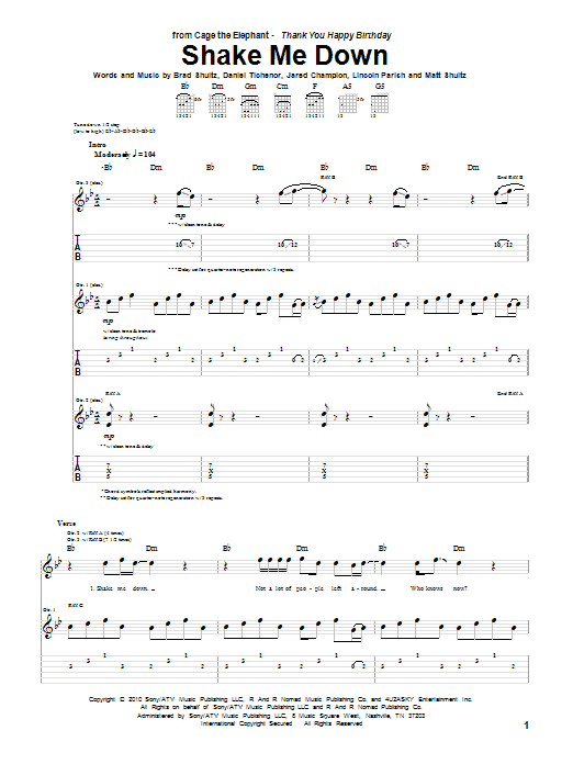 Learn to play Cage The Elephant Shake Me Down sheet music for Guitar Tab in minutes. Cage The Elephant Shake Me Down sheet music preview music notes and score for Guitar Tab including 10 page(s)