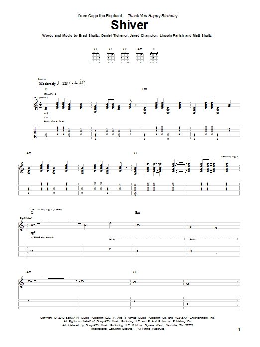 Learn to play Cage The Elephant Shiver sheet music for Guitar Tab in minutes. Cage The Elephant Shiver sheet music preview music notes and score for Guitar Tab including 7 page(s)