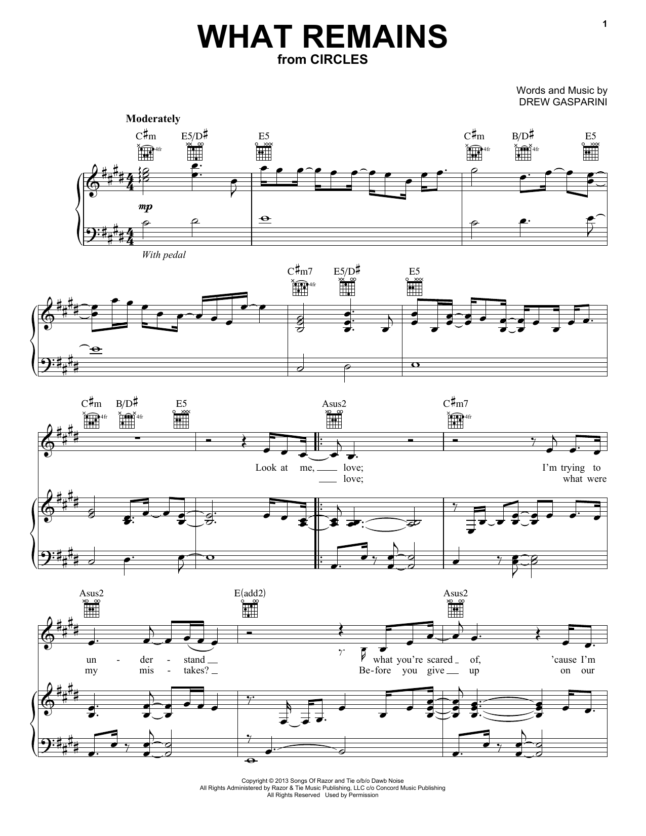 Caissie Levy What Remains (from Circles) sheet music preview music notes and score for Piano, Vocal & Guitar (Right-Hand Melody) including 4 page(s)