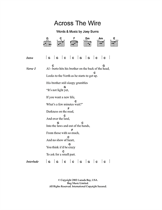 Calexico Across The Wire sheet music, chords, lyrics - Printable PDF for Lyrics & Chords
