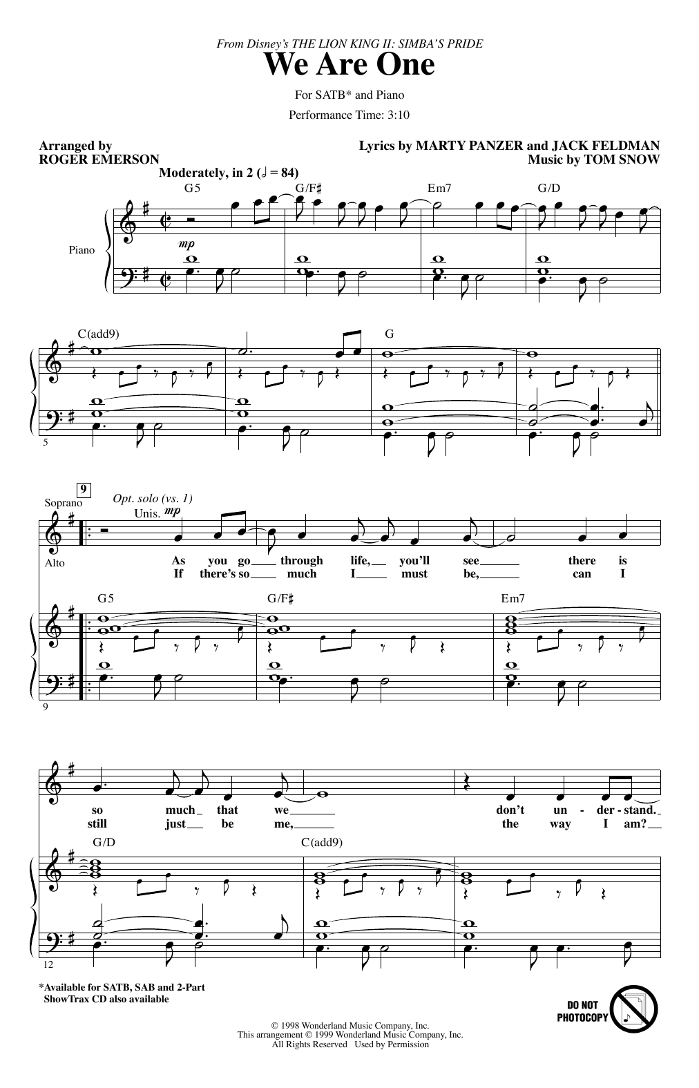 Cam Clarke & Charity Sanoy We Are One (from The Lion King II: Simba's Pride) (arr. Roger Emerson) sheet music, chords, lyrics - Printable PDF for SAB Choir
