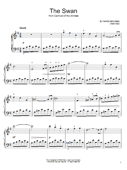 Learn to play Camille Saint-Saens The Swan (Le Cygne) sheet music for Piano in minutes. Camille Saint-Saens The Swan (Le Cygne) sheet music preview music notes and score for Piano including 2 page(s)