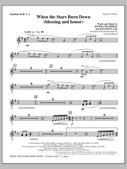 Camp Kirkland When The Stars Burn Down (Blessing And Honor) - Clarinet 1 & 2 sheet music, chords, lyrics - Printable PDF for Choir Instrumental Pak