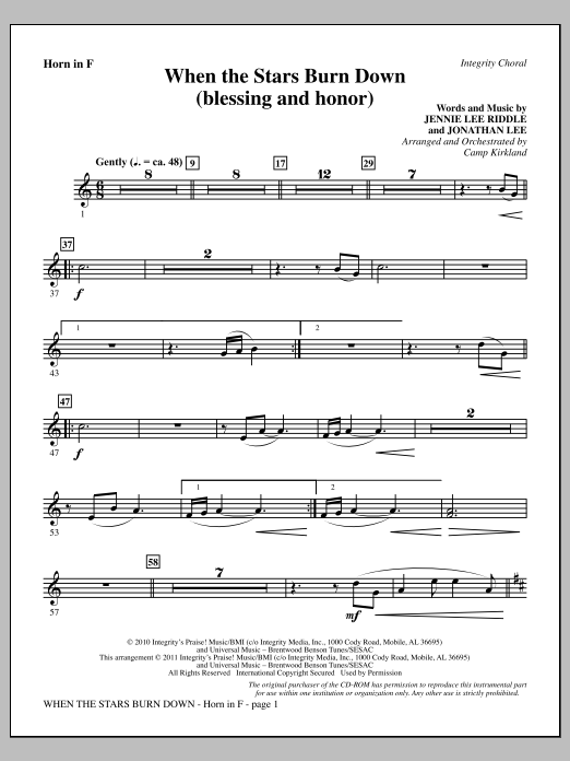 Camp Kirkland When The Stars Burn Down (Blessing And Honor) - F Horn sheet music, chords, lyrics - Printable PDF for Choir Instrumental Pak