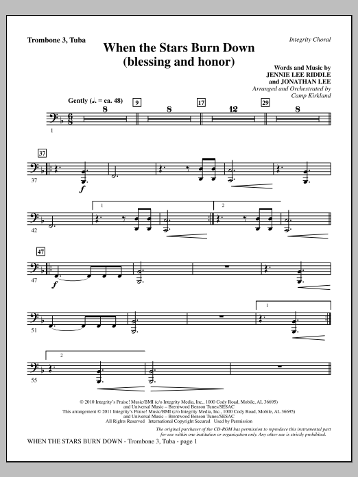 Camp Kirkland When The Stars Burn Down (Blessing And Honor) - Trombone 3/Tuba sheet music, chords, lyrics - Printable PDF for Choir Instrumental Pak