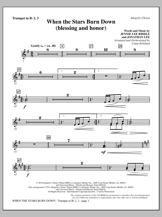 Camp Kirkland When The Stars Burn Down (Blessing And Honor) - Trumpet 2 & 3 sheet music, chords, lyrics - Printable PDF for Choir Instrumental Pak