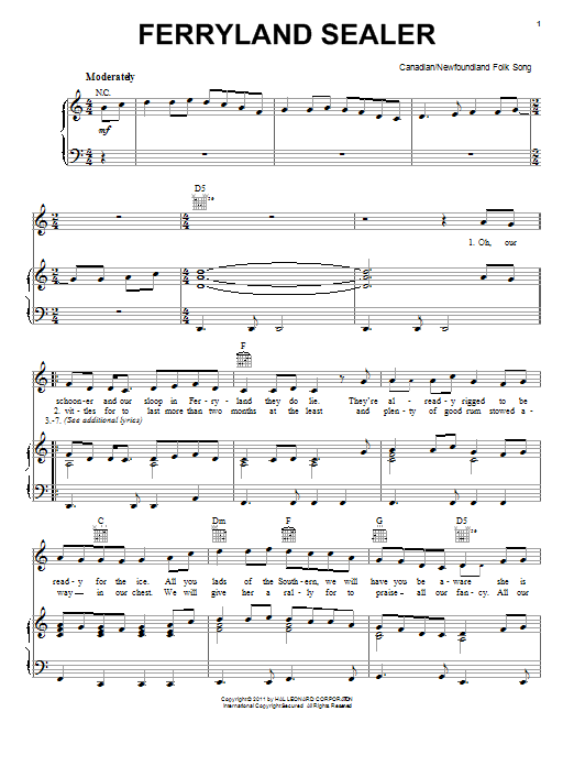 Learn to play Canadian Folksong Ferryland Sealer sheet music for Piano, Vocal & Guitar (Right-Hand Melody) in minutes. Canadian Folksong Ferryland Sealer sheet music preview music notes and score for Piano, Vocal & Guitar (Right-Hand Melody) including 2 page(s)