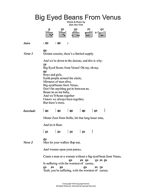 Captain Beefheart Big Eyed Beans From Venus sheet music, chords, lyrics - Printable PDF for Lyrics & Chords