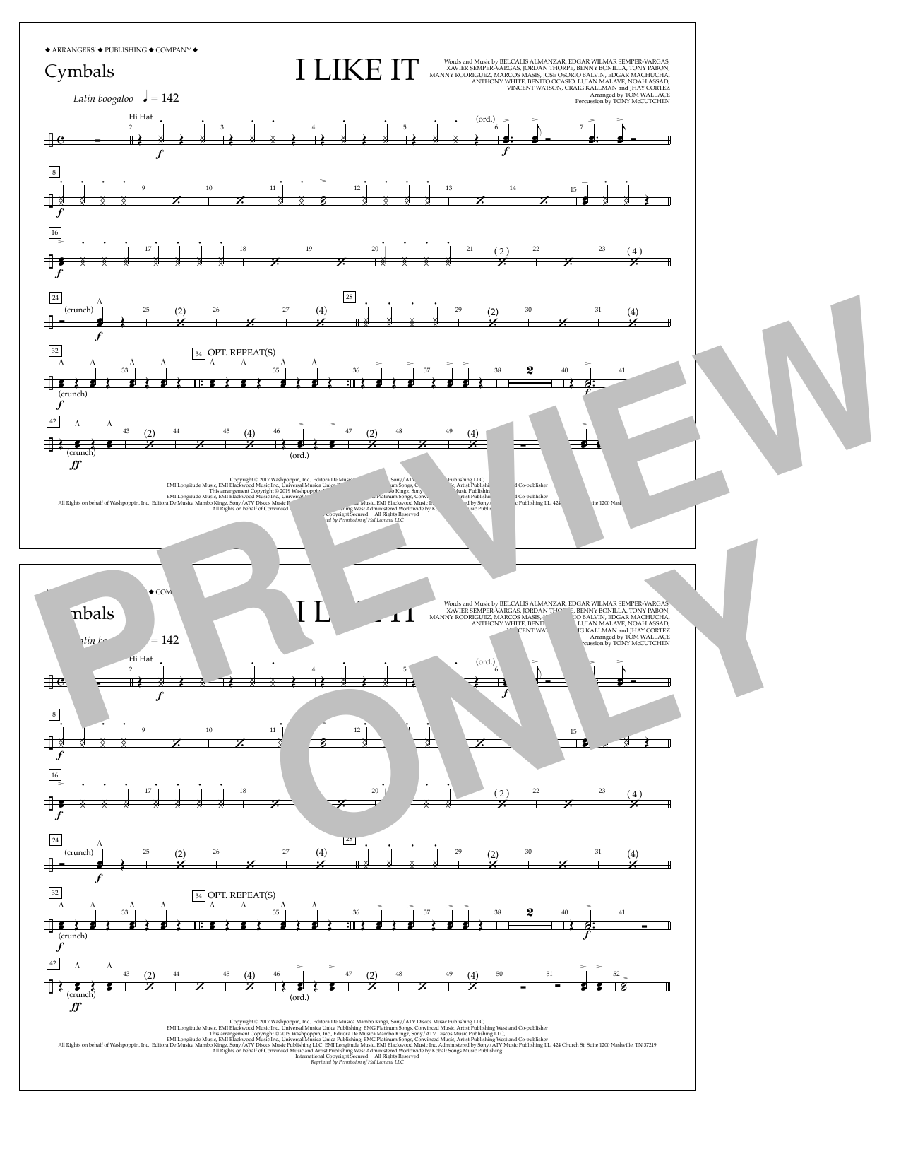 Cardi B, Bad Bunny & J Balvin I Like It (arr. Tom Wallace) - Cymbals sheet music, chords, lyrics - Printable PDF for Marching Band